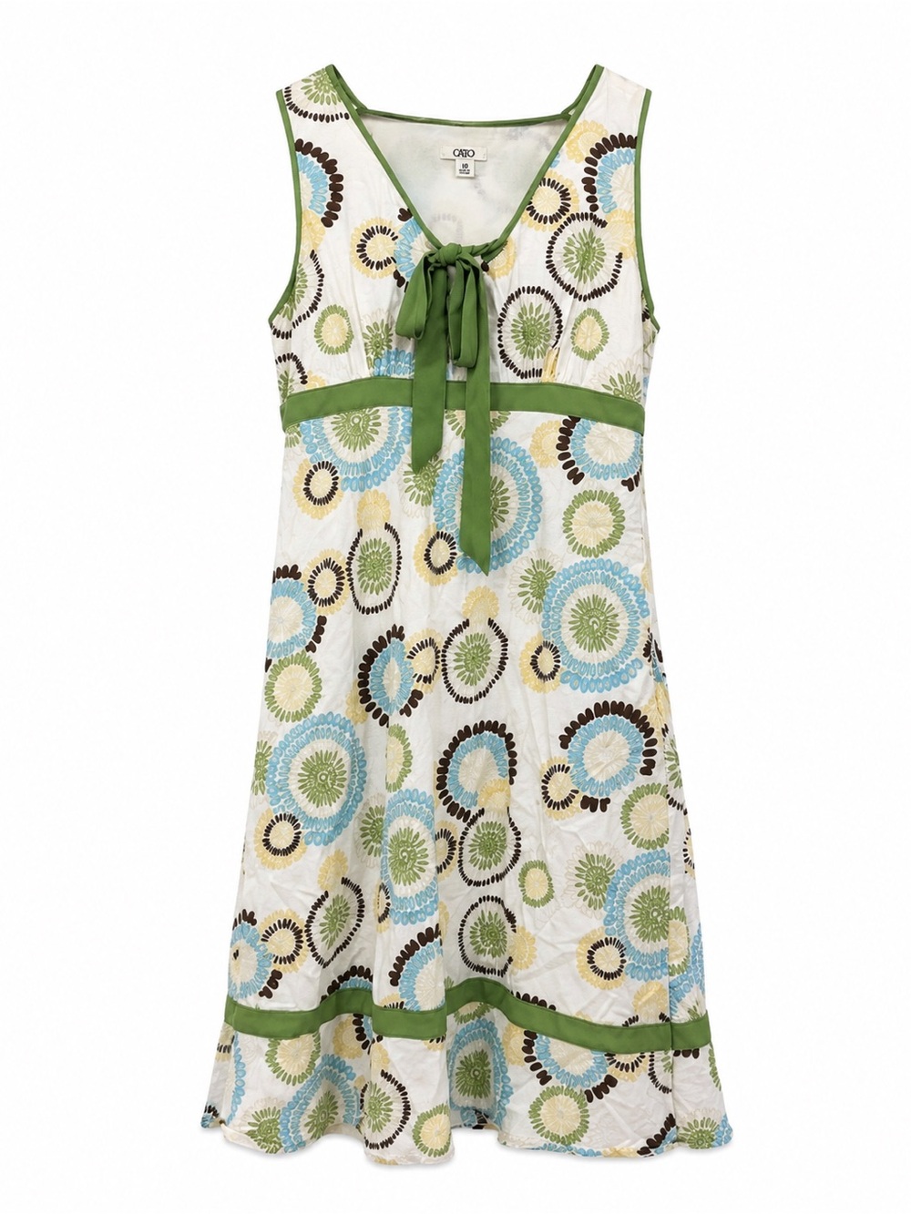 Cato White & Green Linen Midi Dress Geometric Size 10 Y2k Style Bow